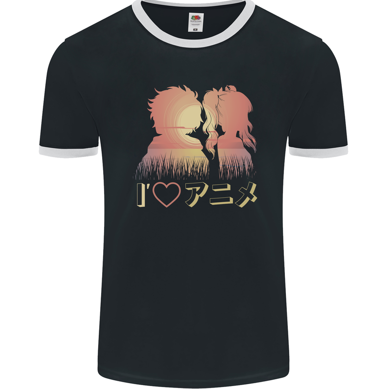 I Heart Anime Love Mens Ringer T-Shirt FotL Black/White