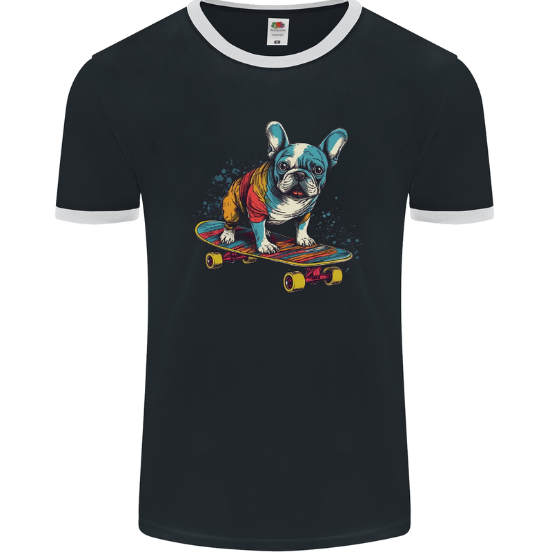A Colourful French Bulldog on a Skateboard Mens Ringer T-Shirt FotL Black/White