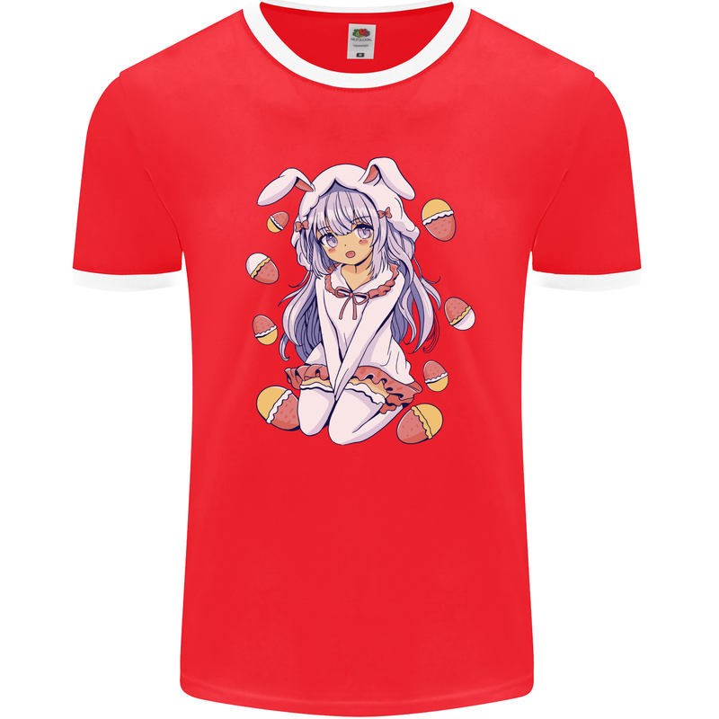 Easter Anime Girl With Eggs and Bunny Ears Mens Ringer T-Shirt FotL Red/White