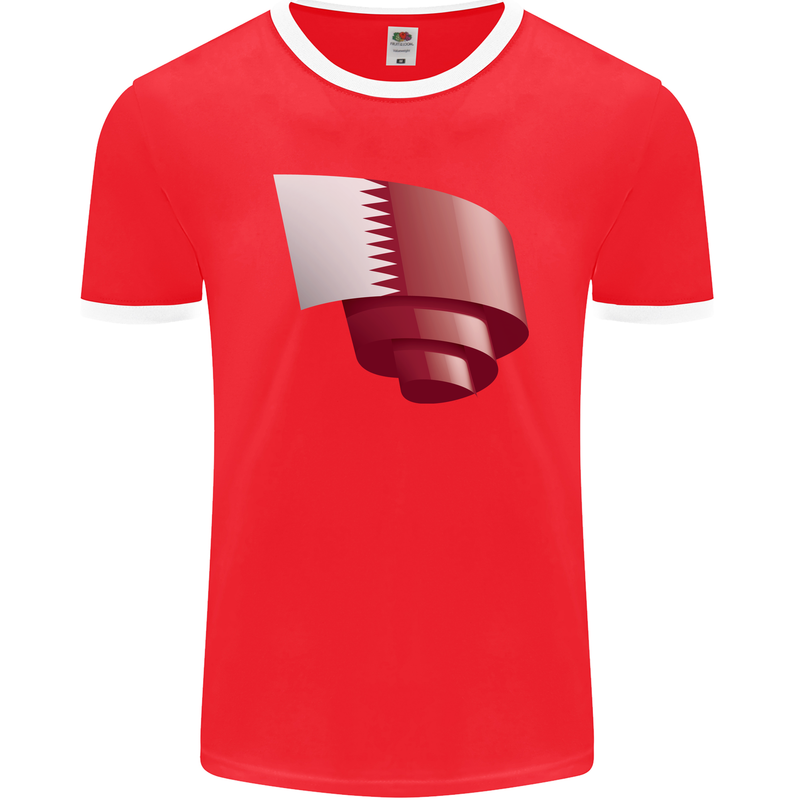 Curled Qatar Flag Qatari Day Football Mens Ringer T-Shirt FotL Red/White