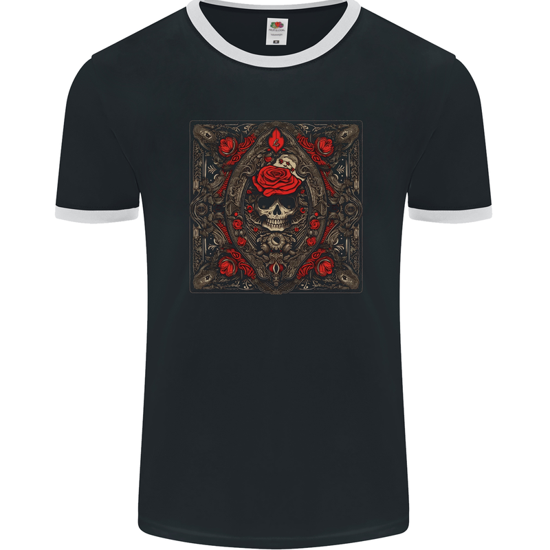 Ornate Playing Card Skull Goth Gothic Mens Ringer T-Shirt FotL Black/White