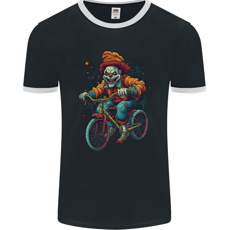 Demonic Clown On a Bicycle Cycling Halloween Mens Ringer T-Shirt FotL Black/White