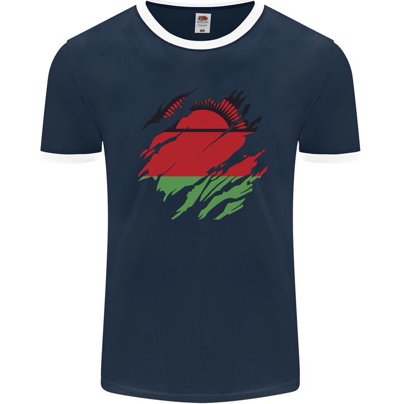 Torn Malawi Flag Malawian Day Football Mens Ringer T-Shirt FotL Navy Blue/White