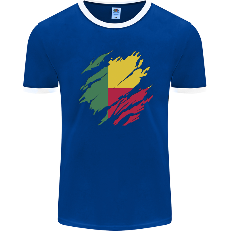 Torn Benin Flag Beninese Day Football Mens Ringer T-Shirt FotL Royal Blue/White