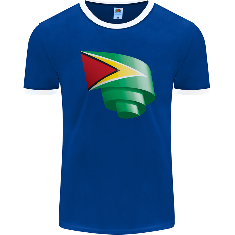 Curled Guyana Flag Guyanese Day Football Mens Ringer T-Shirt FotL Royal Blue/White