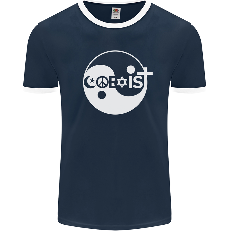 Coexist World Peace Love Religion Hippy Anti War Mens Ringer T-Shirt FotL Navy Blue/White