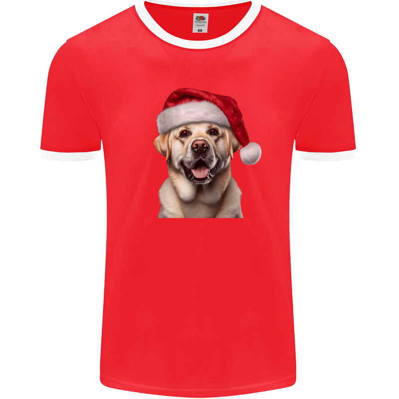 Christmas Golden Labrador Dog Xmas Hat Mens Ringer T-Shirt FotL Red/White