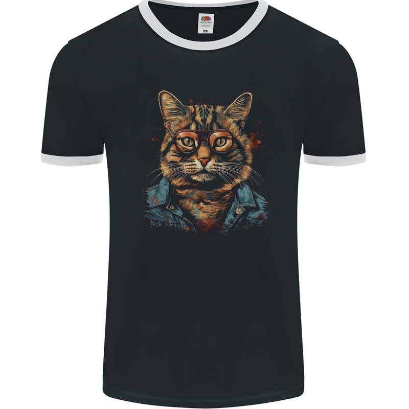 A Streetwise Cat With Glasses Mens Ringer T-Shirt FotL Black/White