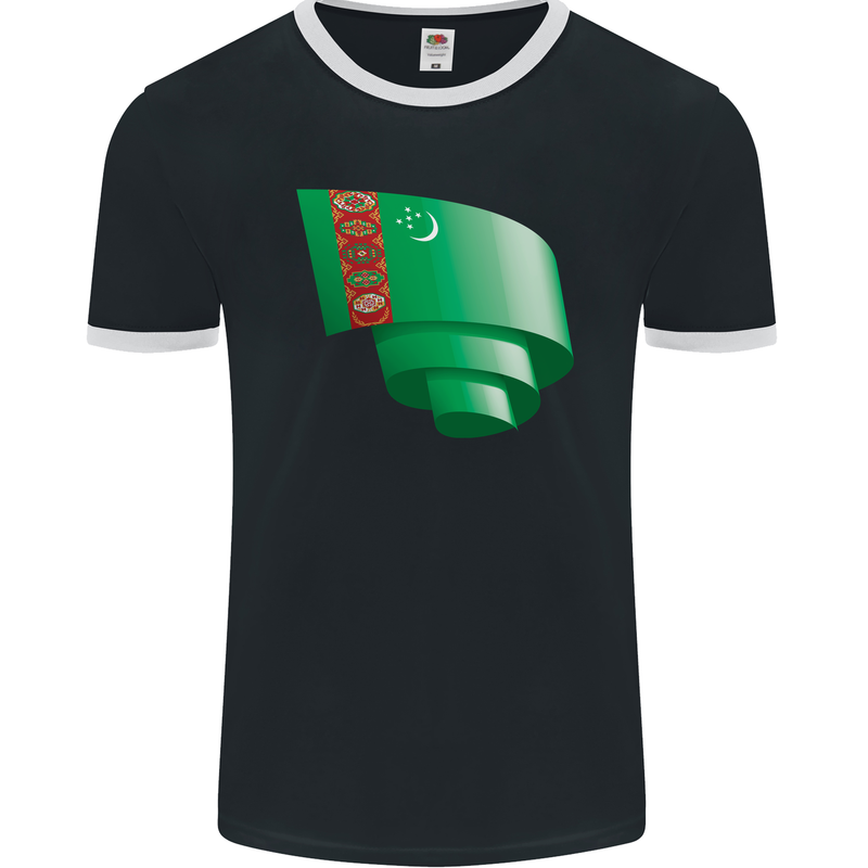 Curled Turkmenistan Flag The Turkmen Day Football Mens Ringer T-Shirt FotL Black/White