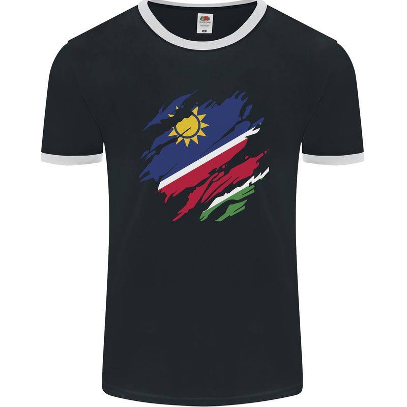 Torn Namibia Flag Namibian Day Football Mens Ringer T-Shirt FotL Black/White