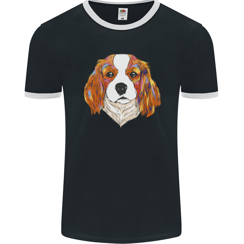 A Colourful King Charles Spaniel Dog Mens Ringer T-Shirt FotL Black/White