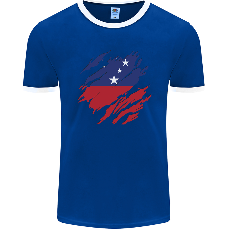 Torn Samoa Flag Samoan Day Football Mens Ringer T-Shirt FotL Royal Blue/White