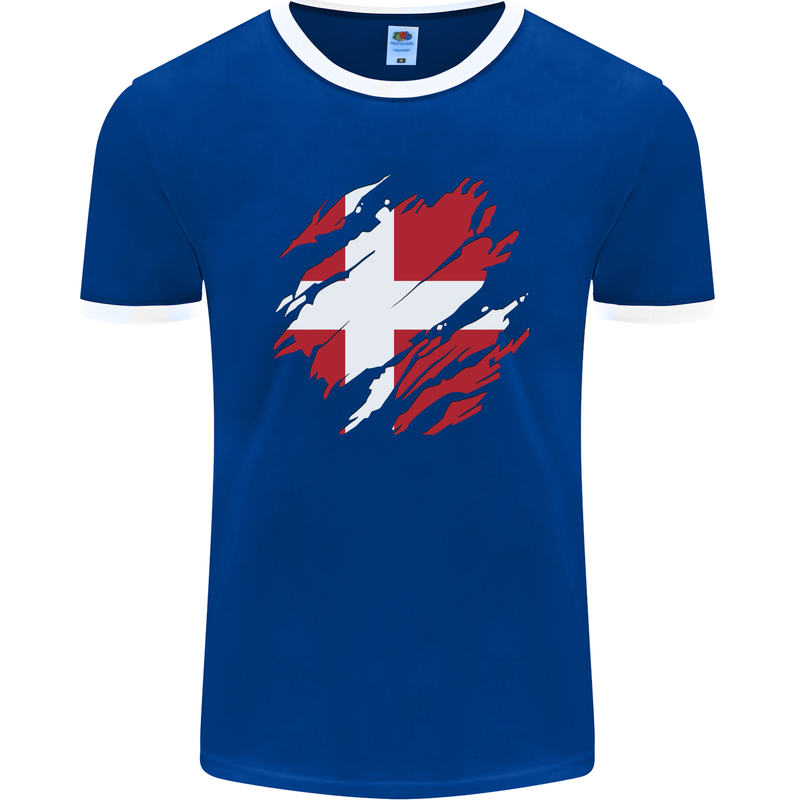 Torn Denmark Flag Danish Day Football Mens Ringer T-Shirt FotL Royal Blue/White