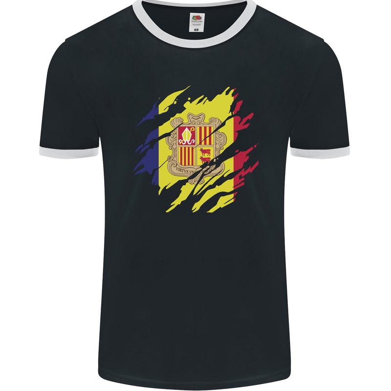 Torn Andorra Flag Andorran Day Football Mens Ringer T-Shirt FotL Black/White