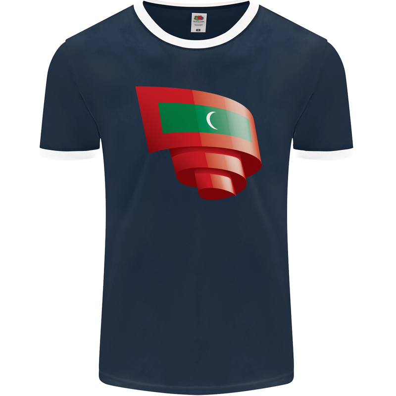 Curled Maldives Flag Maldivian Day Football Mens Ringer T-Shirt FotL Navy Blue/White