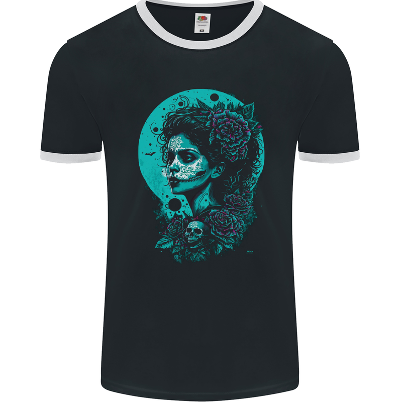 Santa Muerte Day of the Dead Skull Fantasy Mens Ringer T-Shirt FotL Black/White