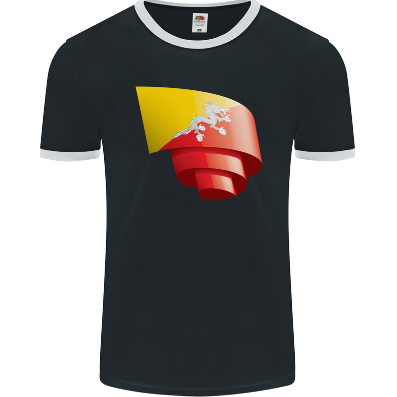 Curled Bhutan Flag Bhutanese Day Football Mens Ringer T-Shirt FotL Black/White