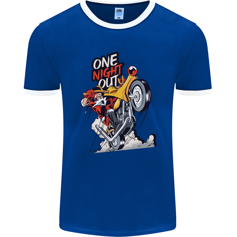 Biker Santa One Night Out Christmas Motorcycle Mens Ringer T-Shirt FotL Royal Blue/White