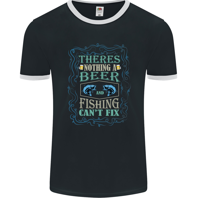 Nothing a Beer & Fishing Cant Fix Funny Mens Ringer T-Shirt FotL Black/White