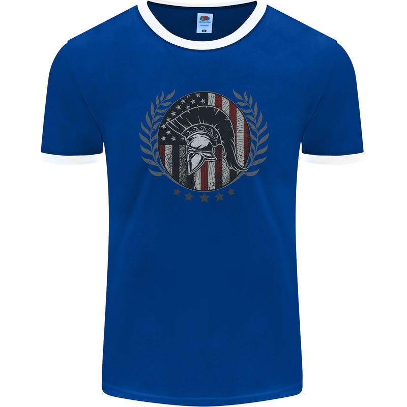 USA Bodybuilding Flag Gym Training Spartan Mens Ringer T-Shirt FotL Royal Blue/White