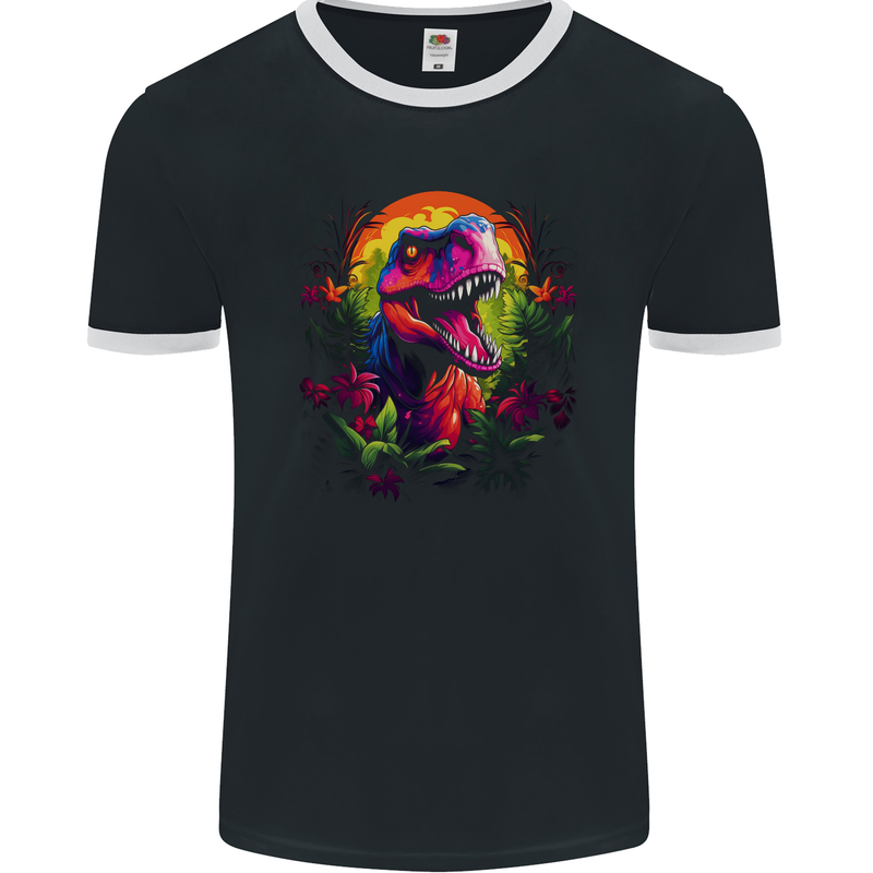 Tropical T-Rex in a Forest With a Moon Mens Ringer T-Shirt FotL Black/White