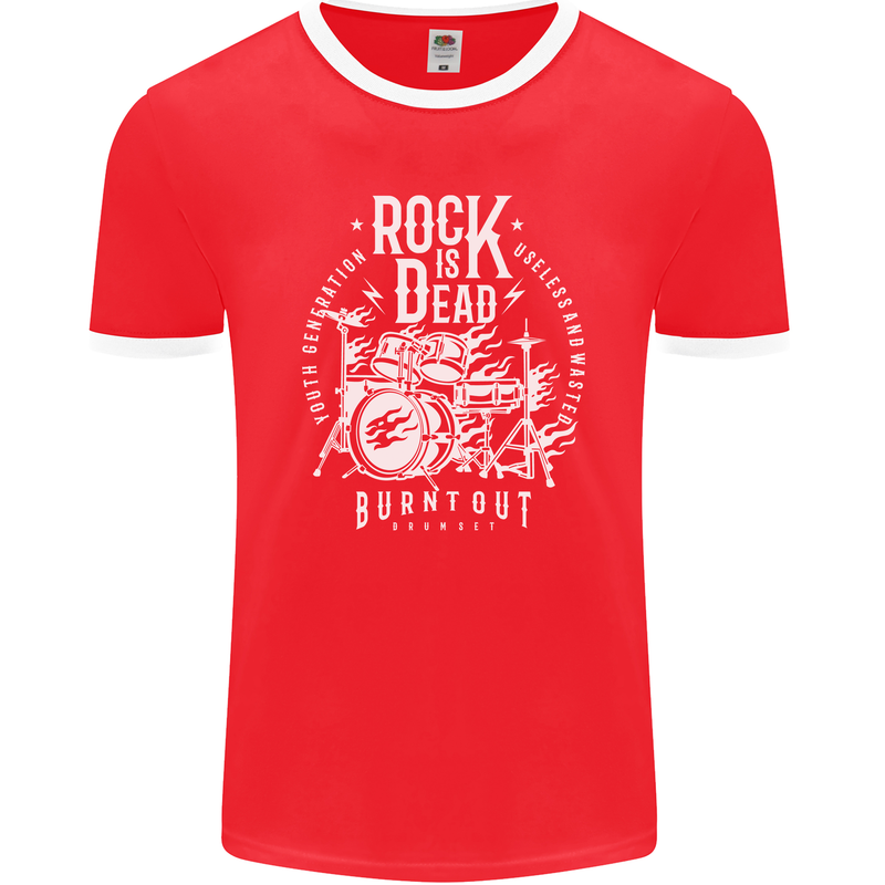 Rock is Dead Music Drummer Drumming Mens Ringer T-Shirt FotL Red/White