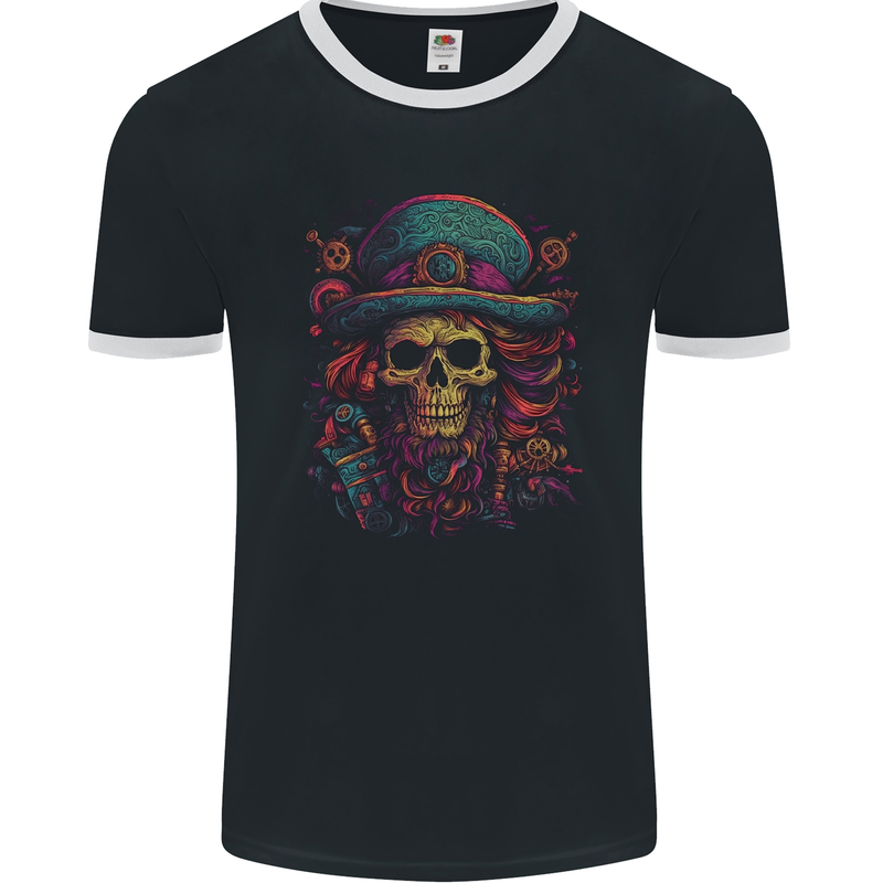 Psychedelic Pirate Skull LSD Trippy Demonic Mens Ringer T-Shirt FotL Black/White