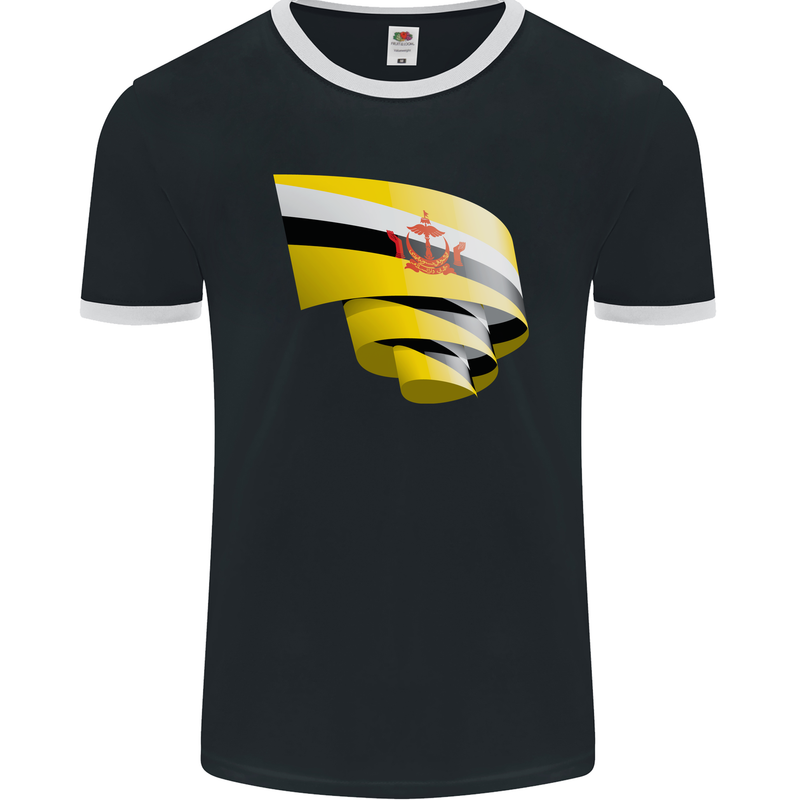 Curled Brunei Flag Bruneian Day Football Mens Ringer T-Shirt FotL Black/White