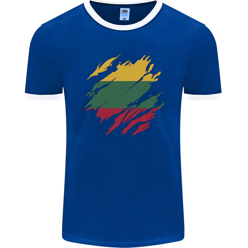 Torn Lithuania Flag Lithuania Day Football Mens Ringer T-Shirt FotL Royal Blue/White