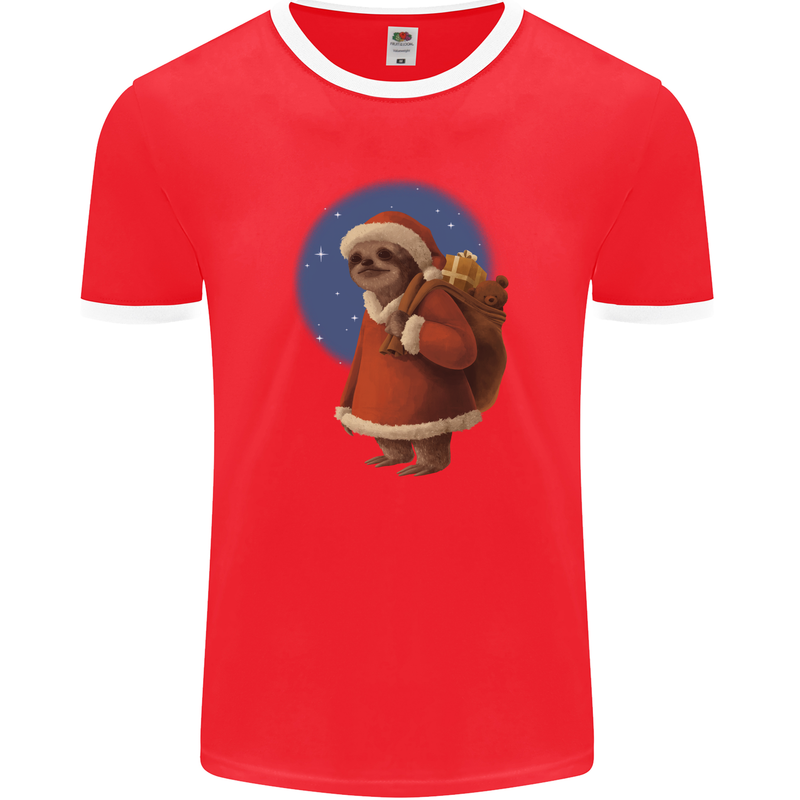 Santa Sloth Funny Christmas Xmas Mens Ringer T-Shirt FotL Red/White