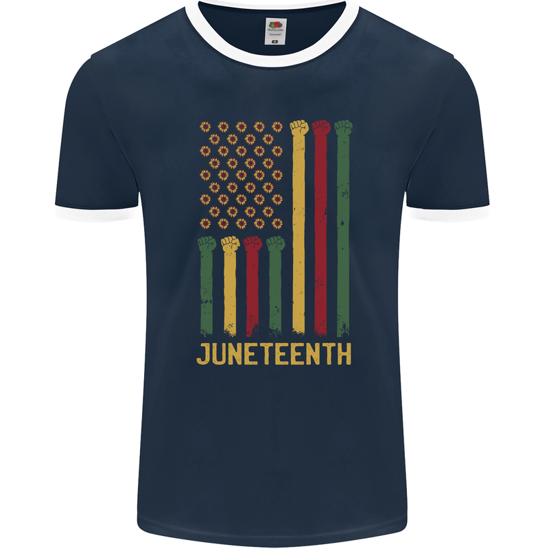 Juneteenth Emancipation Day USA Flag Mens Ringer T-Shirt FotL Navy Blue/White
