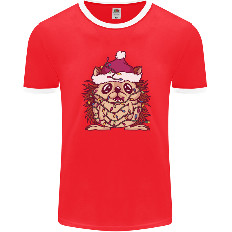 Christmas Hedgehog Wearing an Xmas Hat Mens Ringer T-Shirt FotL Red/White