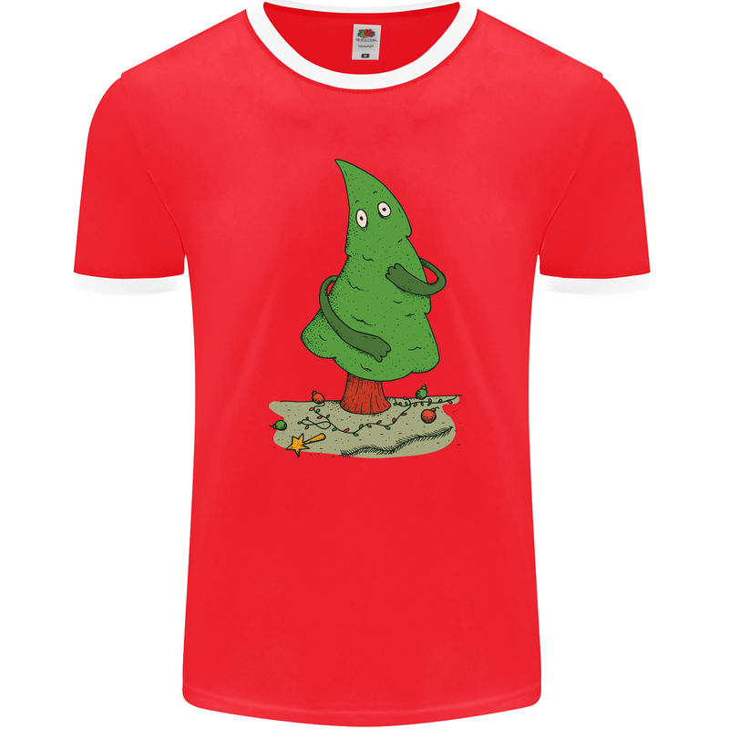 Naked Christmas Tree Funny Rude Xmas Naturist Mens Ringer T-Shirt FotL Red/White