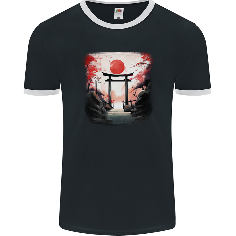 Japanese Tori Gate and Sunset Garden Mens Ringer T-Shirt FotL Black/White