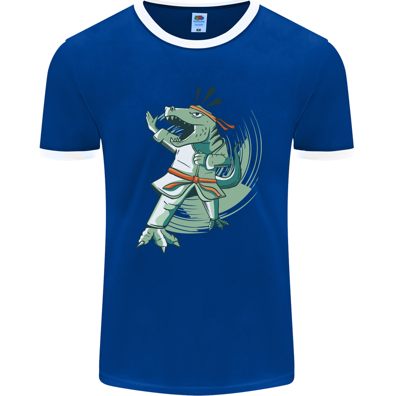 Karate T-Rex Dinosaur Mens Ringer T-Shirt FotL Royal Blue/White