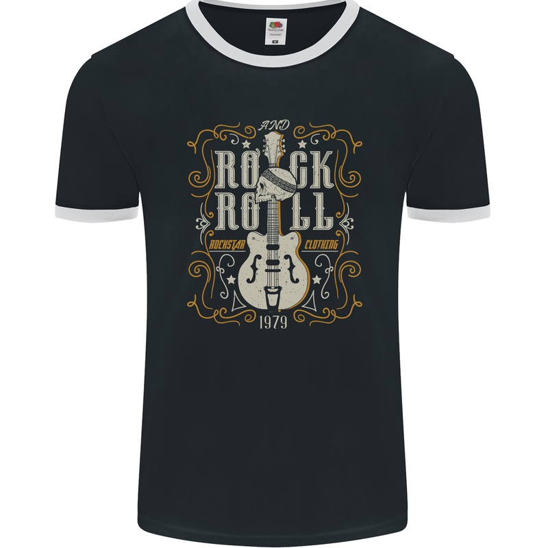 Rockstar Rock n Roll Guitar Skull Music Mens Ringer T-Shirt FotL Black/White