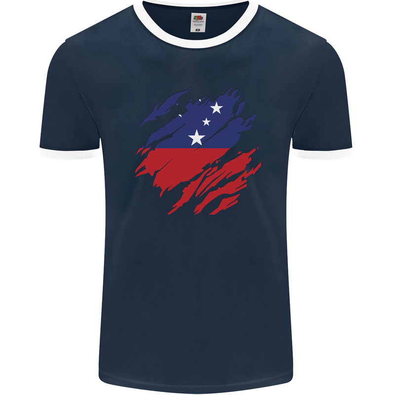 Torn Samoa Flag Samoan Day Football Mens Ringer T-Shirt FotL Navy Blue/White