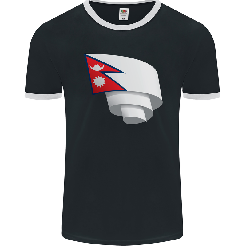Curled Nepal Flag Nepalese Day Football Mens Ringer T-Shirt FotL Black/White