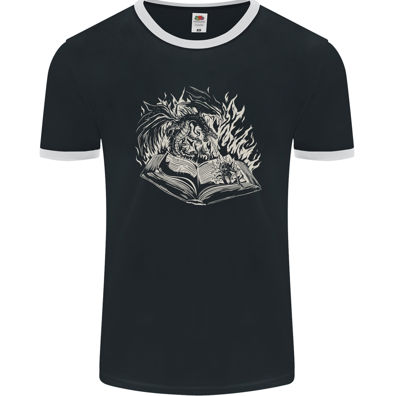 A Dragon & Book Mens Ringer T-Shirt FotL Black/White