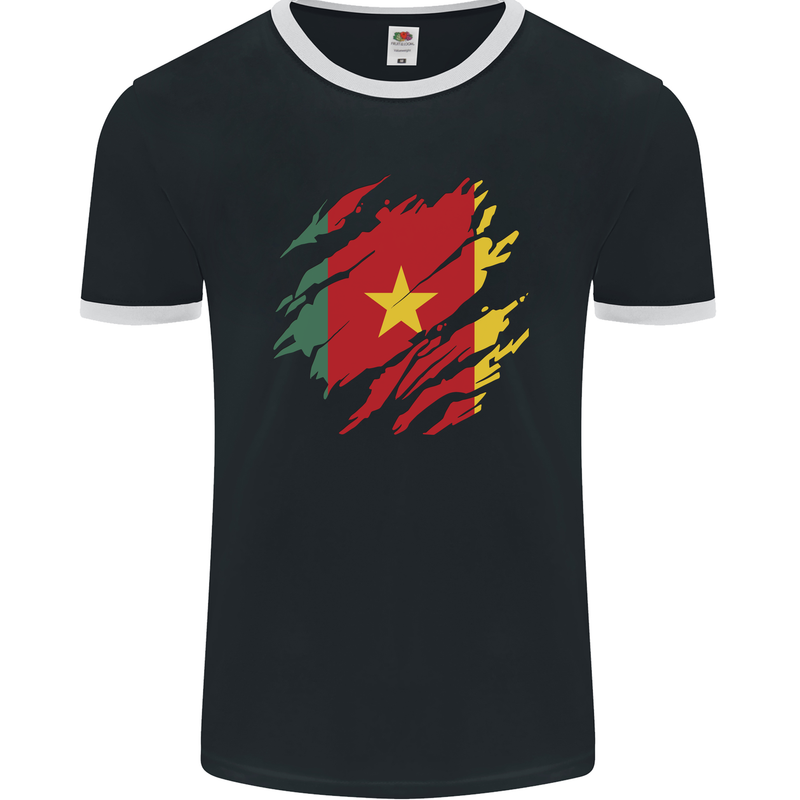 Torn Cameroon Flag Cameroonian Day Football Mens Ringer T-Shirt FotL Black/White