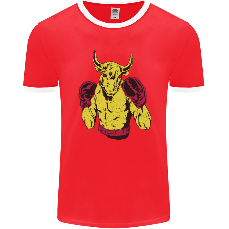 Boxing Bull Muay MMA Thai Boxer Mens Ringer T-Shirt FotL Red/White