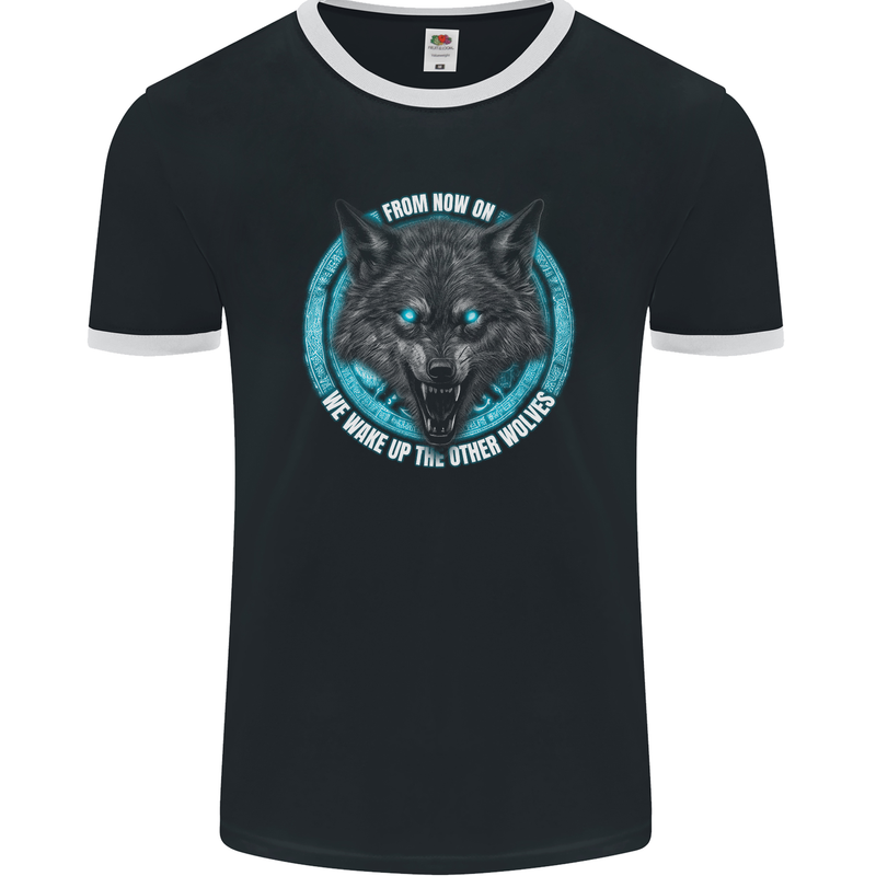 A Wolf on a Tribal Background Mens Ringer T-Shirt FotL Black/White