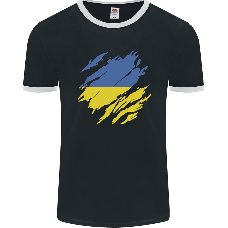 Torn Ukraine Flag Ukrainian Day Football Mens Ringer T-Shirt FotL Black/White