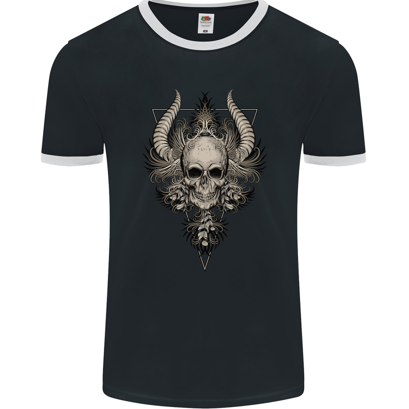 Demonic Skull Triangle Heavy Metal Mens Ringer T-Shirt FotL Black/White