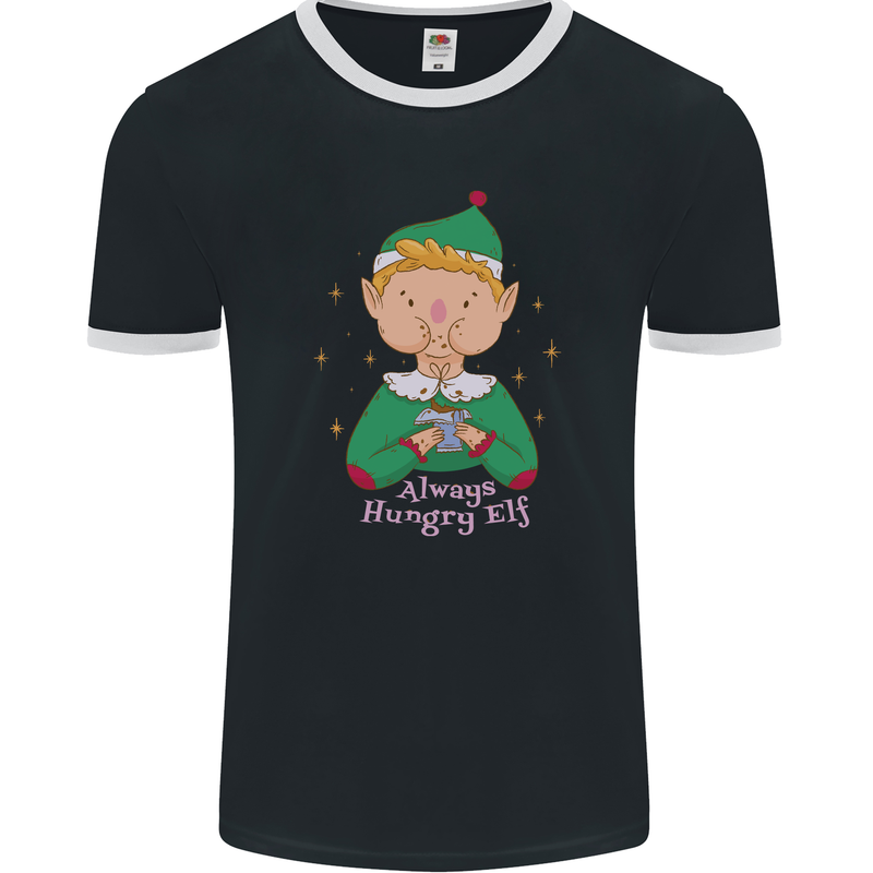 Always Hungry Elf Funny Christmas Food Xmas Mens Ringer T-Shirt FotL Black/White