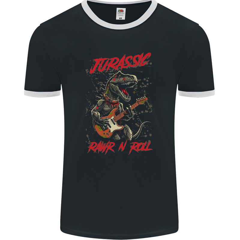 Jurassic Rawr n Roll T-Rex Dinosaur Guitar Rock Mens Ringer T-Shirt FotL Black/White