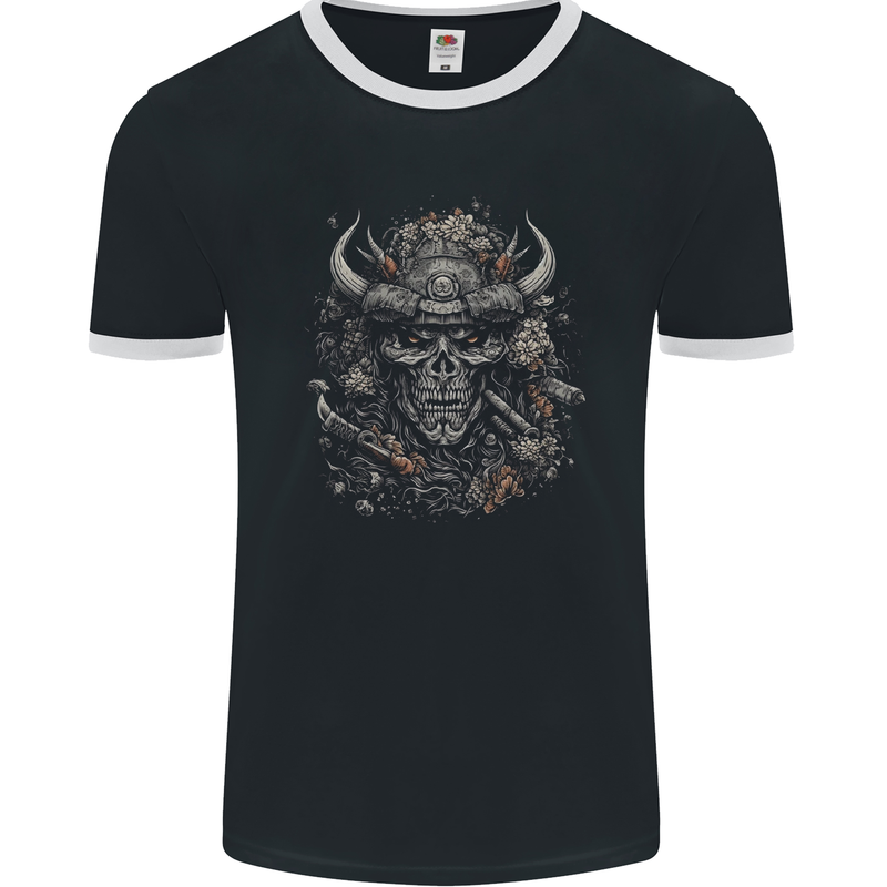 Samurai Skull Fantasy Warrior Bushido Ronin Mens Ringer T-Shirt FotL Black/White