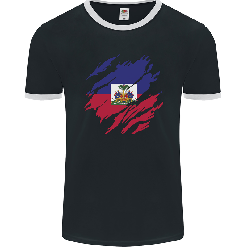 Torn Haiti Flag Haitian Day Football Mens Ringer T-Shirt FotL Black/White