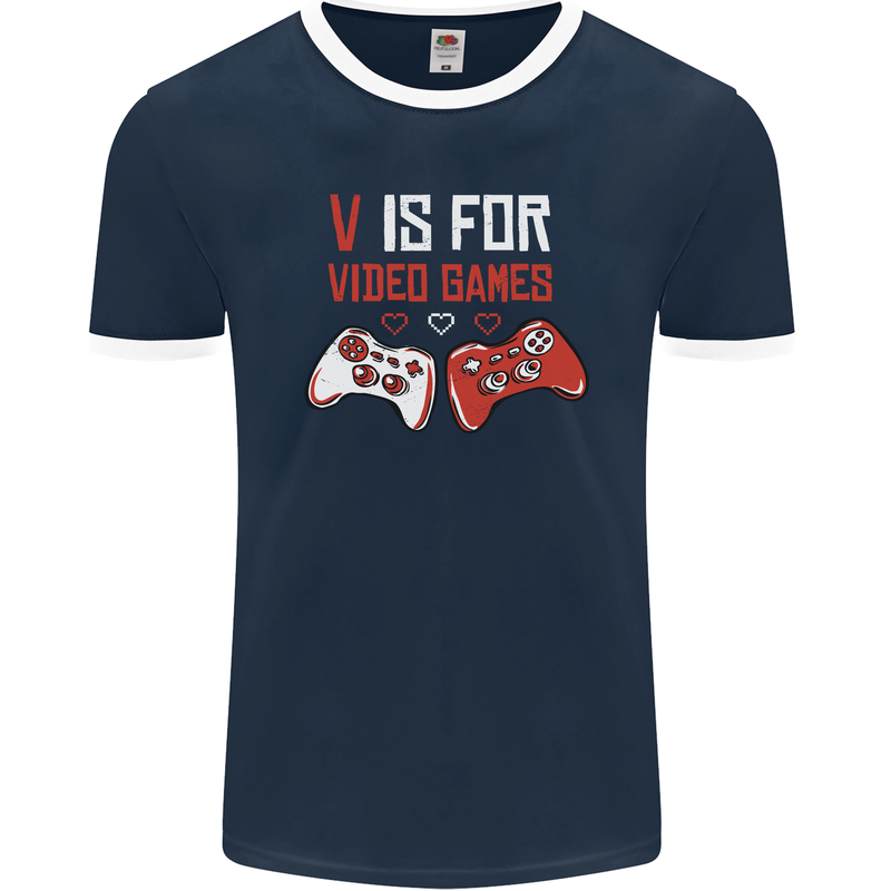 V is For Video Games Funny Gaming Gamer Mens Ringer T-Shirt FotL Navy Blue/White