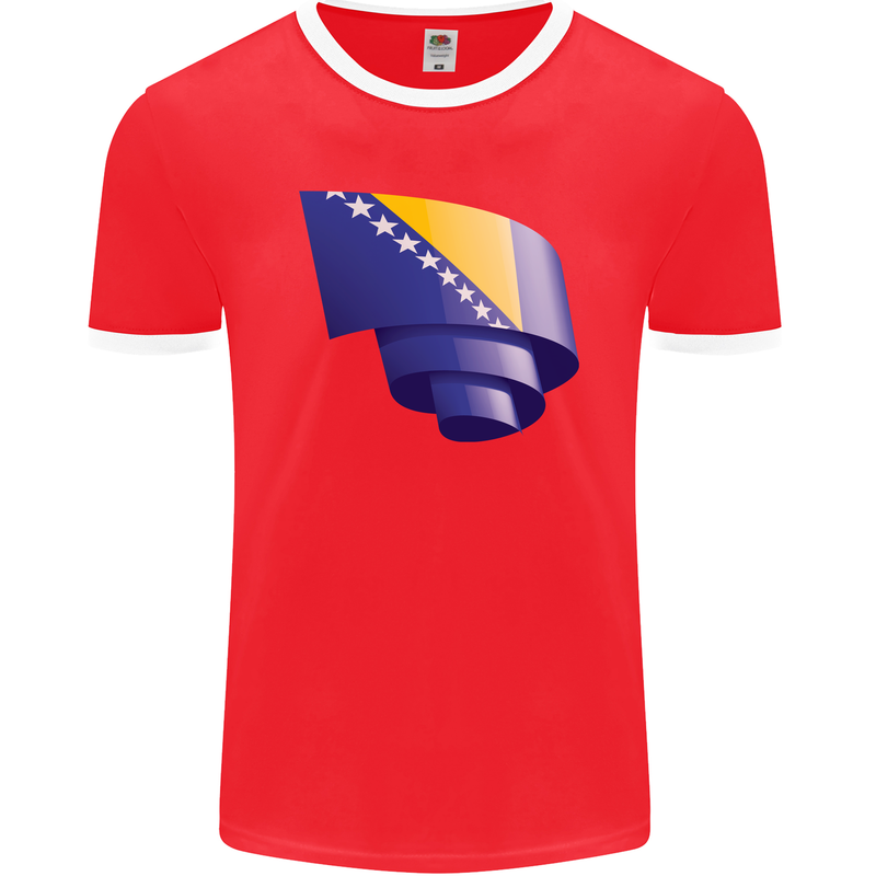 Curled Bosnia and Herzegovina Flag Day Football Mens Ringer T-Shirt FotL Red/White